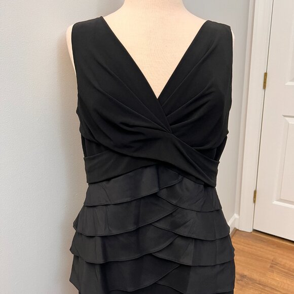 Adrianna Papell Black Tiered Hammered Satin Sheath Dress Sz 14 - Picture 3 of 12